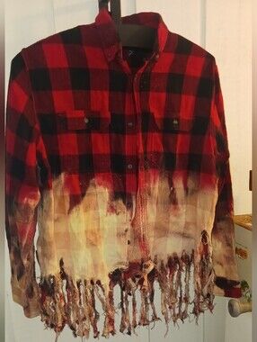 Red and Black Buffalo Plaid Distressed Fringe Shirt